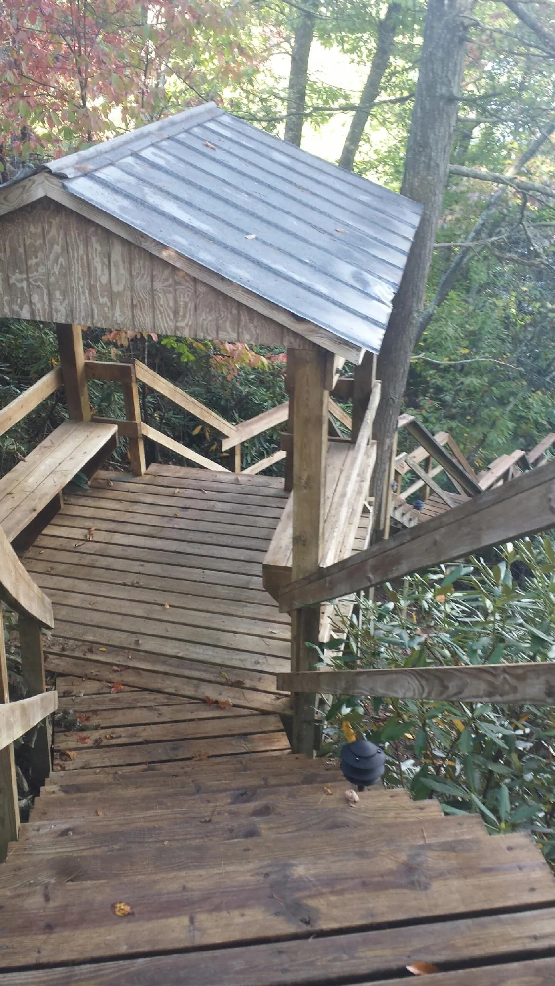 Metal roofed shelter over wooden steps on a wooded walkway — Skylight Repair & Installation work by our crew in Nezperce