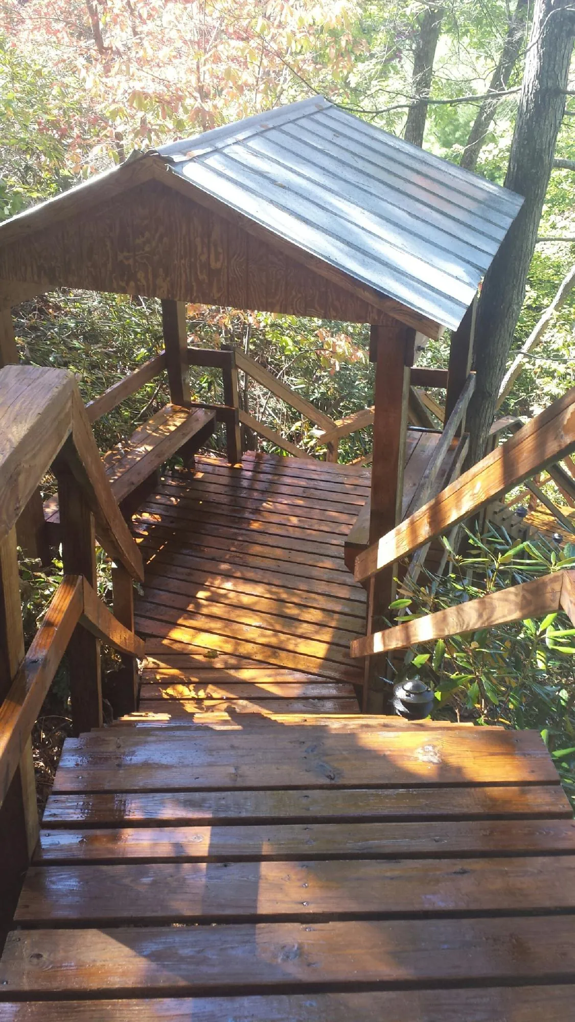 Freshly stained wood walkway and covered shelter with a metal roof in Nezperce